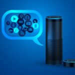 Amazon Echo device displaying the new Alexa Plus conversational AI interface with smart home controls.