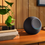 Amazon Echo Show 10 charcoal sitting on kitchen counter.