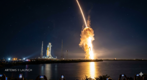 A long-exposure photograph of NASA's Space Launch System (SLS) rocket launching the Artemis II mission into a starry night sky, with a bright orange light trail over a body of water and the text "Artemis II Launch" in the corner.