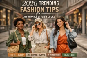 A collage of trendy 2026 fashion looks featuring monochrome cream outfits, sustainable accessories, and vibrant chartreuse accents for an affordable stylish aesthetic.