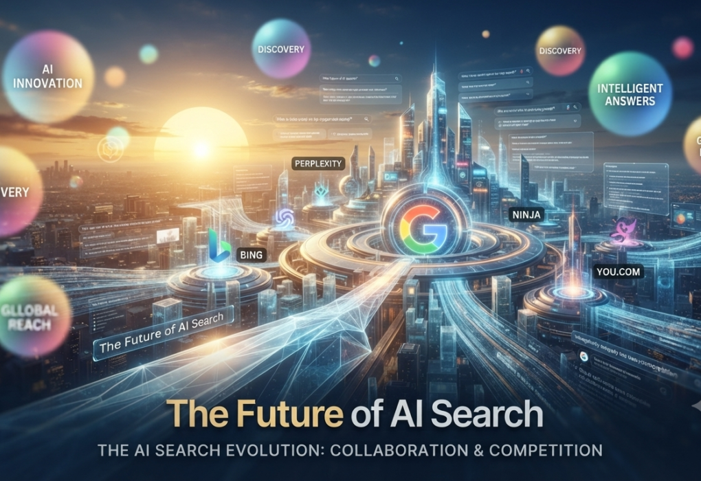 A futuristic cyberpunk city skyline illuminated by glowing data streams, floating search bars, and floating orbs representing AI search engines innovation, Google competition, and intelligent answers.