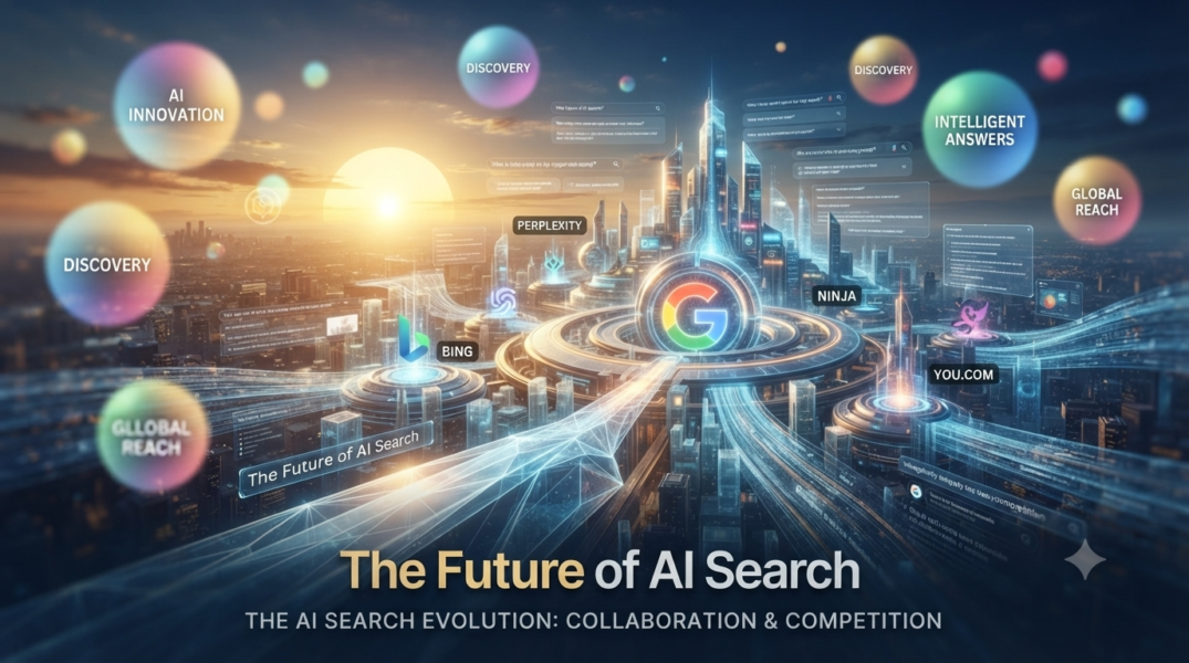 A futuristic cyberpunk city skyline illuminated by glowing data streams, floating search bars, and floating orbs representing AI search engines innovation, Google competition, and intelligent answers.