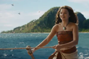 Catherine Laga'aia and Dwayne Johnson in Disney's live-action Moana movie featuring the acclaimed moana cast.