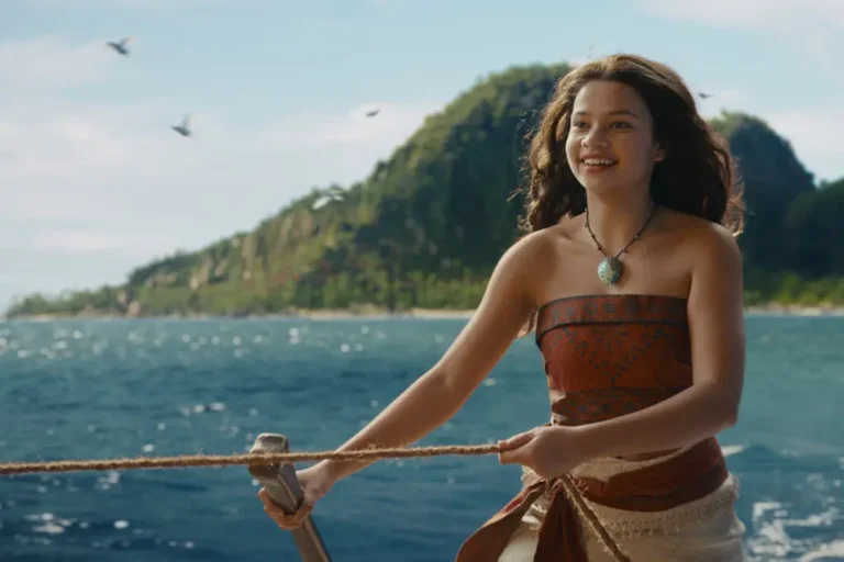 Catherine Laga'aia and Dwayne Johnson in Disney's live-action Moana movie featuring the acclaimed moana cast.
