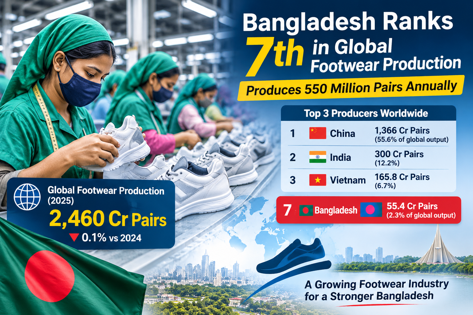 Bangladesh Ranks Seventh in Global Shoe Production as China Maintains Lead